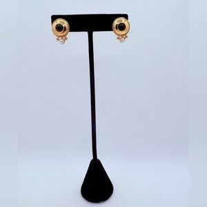 Vintage Liz Claiborne Stud Earrings Goldtone Round Rope Black & Faux Pearl 1.75”